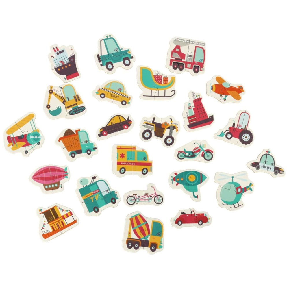 Set 24 Puzzle-uri Educative cu Mijloace de Transport, Cutie Depozitare Metalică, 5.5 x 6 cm, 3 ani+ 4