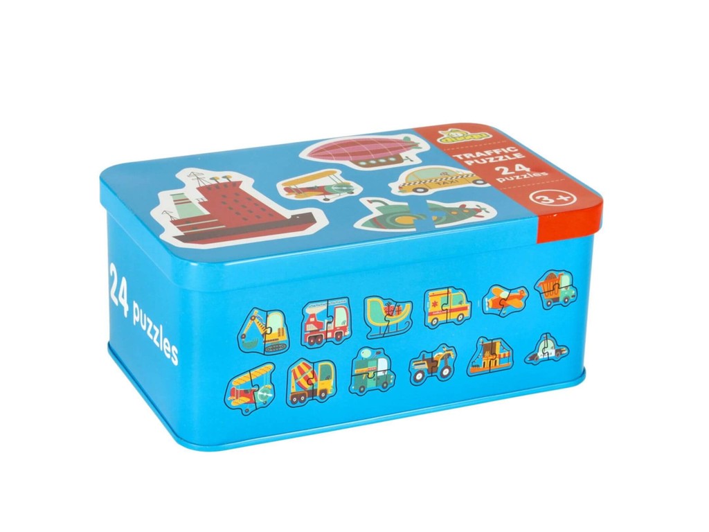 Set 24 Puzzle-uri Educative cu Mijloace de Transport, Cutie Depozitare Metalică, 5.5 x 6 cm, 3 ani+