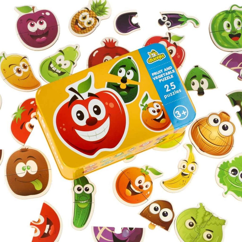 Set 25 Puzzle-uri Educative cu Fructe și Legume, Cutie Depozitare Metalică, 6×6 cm, 3 ani+ 2