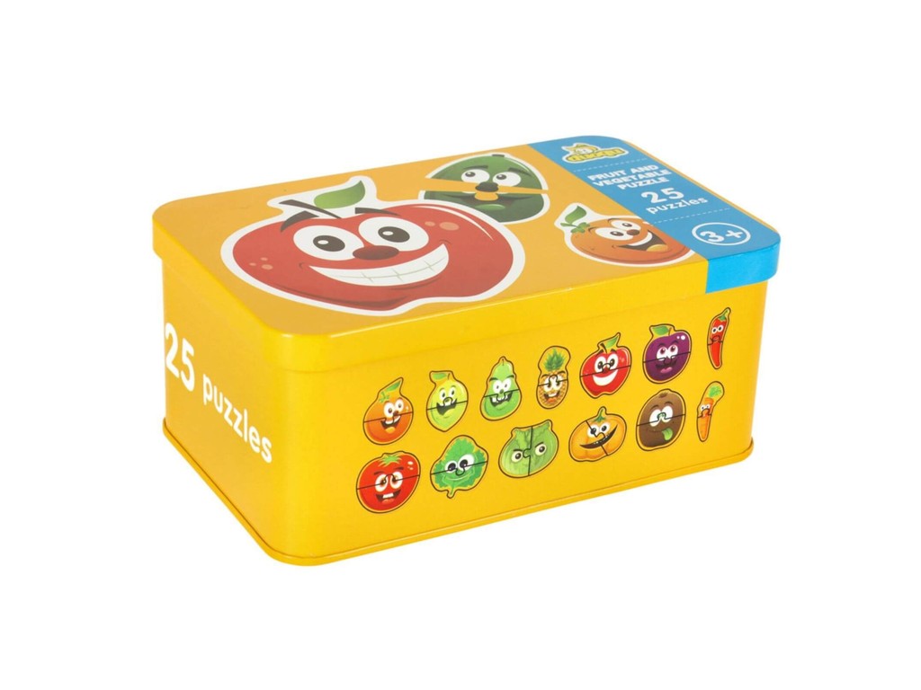 Set 25 Puzzle-uri Educative cu Fructe și Legume, Cutie Depozitare Metalică, 6×6 cm, 3 ani+
