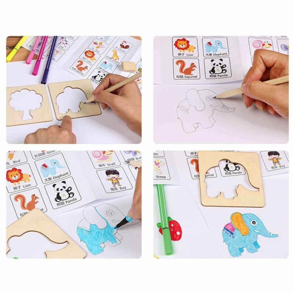 Set 50 șabloane desen, din lemn, trusă cu accesorii de colorat 6