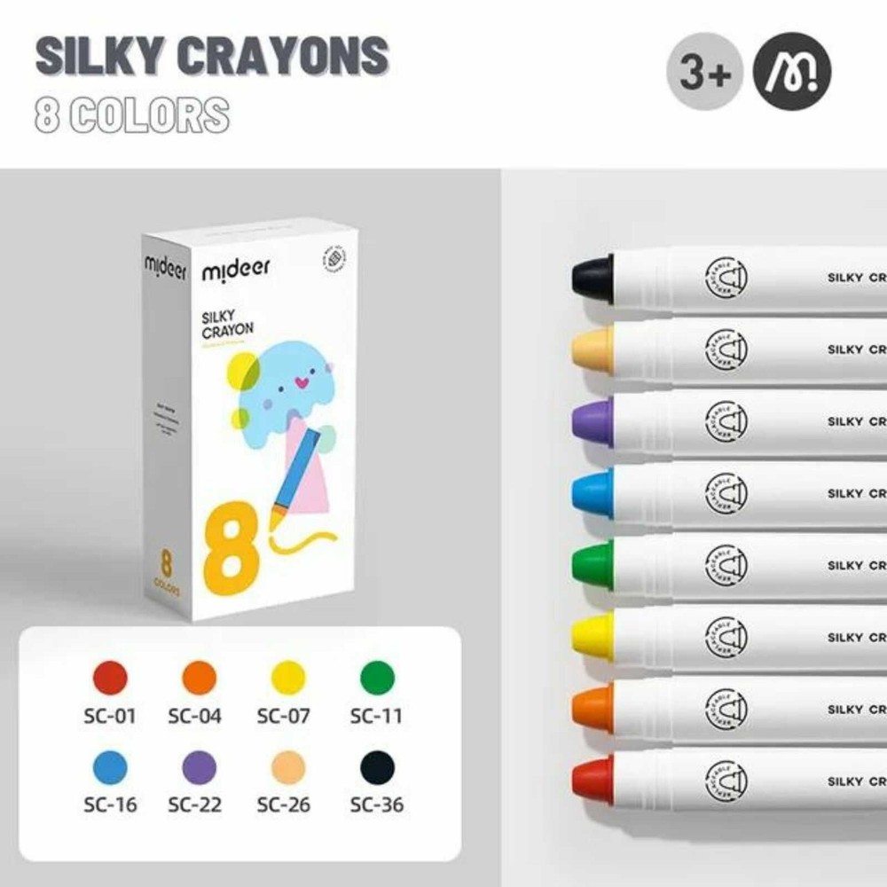 Set 8 Creioane colorate groase, moi, lavabile și rotative, Silky Crayon 6