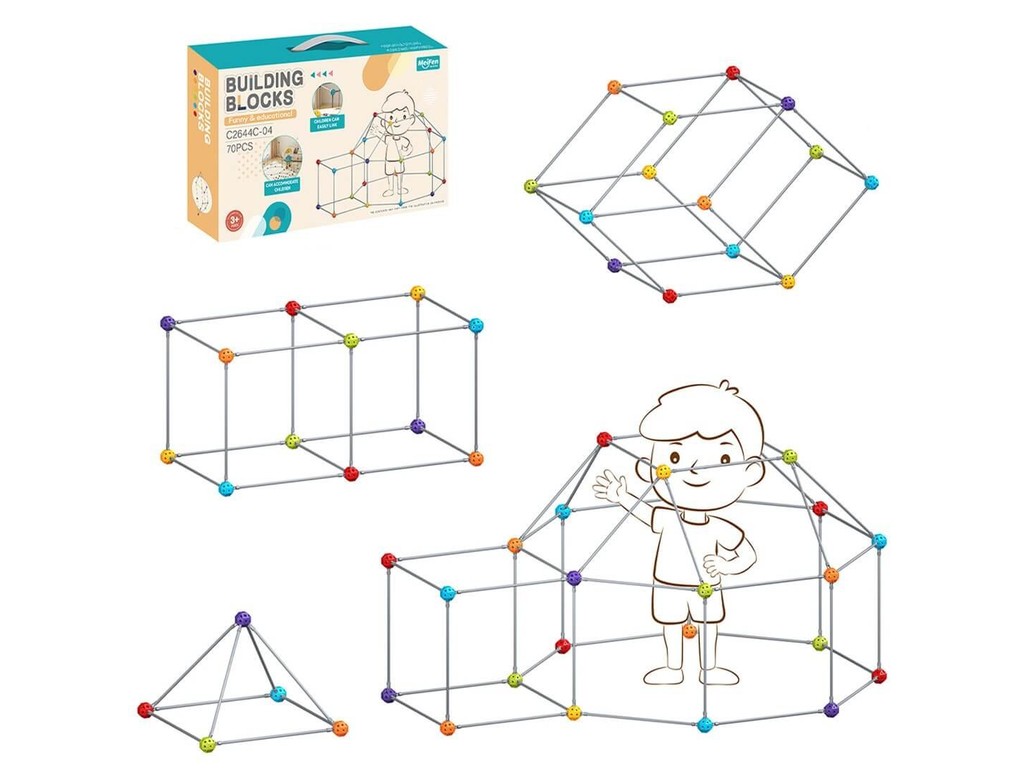 Set construcție iglu, cort sau fort copii, 70 piese, bețe lungi și conectori stabili