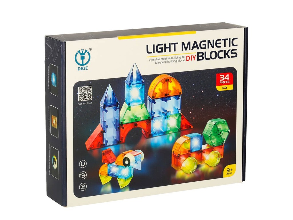 Set cuburi magnetice 3D cu LED, 34 piese, construcții luminoase copii 3 ani+