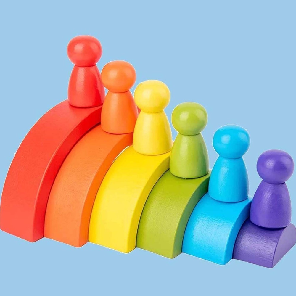 Set Curcubeu montessori din lemn cu 6 semicercuri și 6 pitici colorați, Multicolor 4