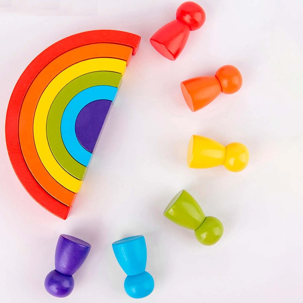 Set Curcubeu montessori din lemn cu 6 semicercuri și 6 pitici colorați, Multicolor 5