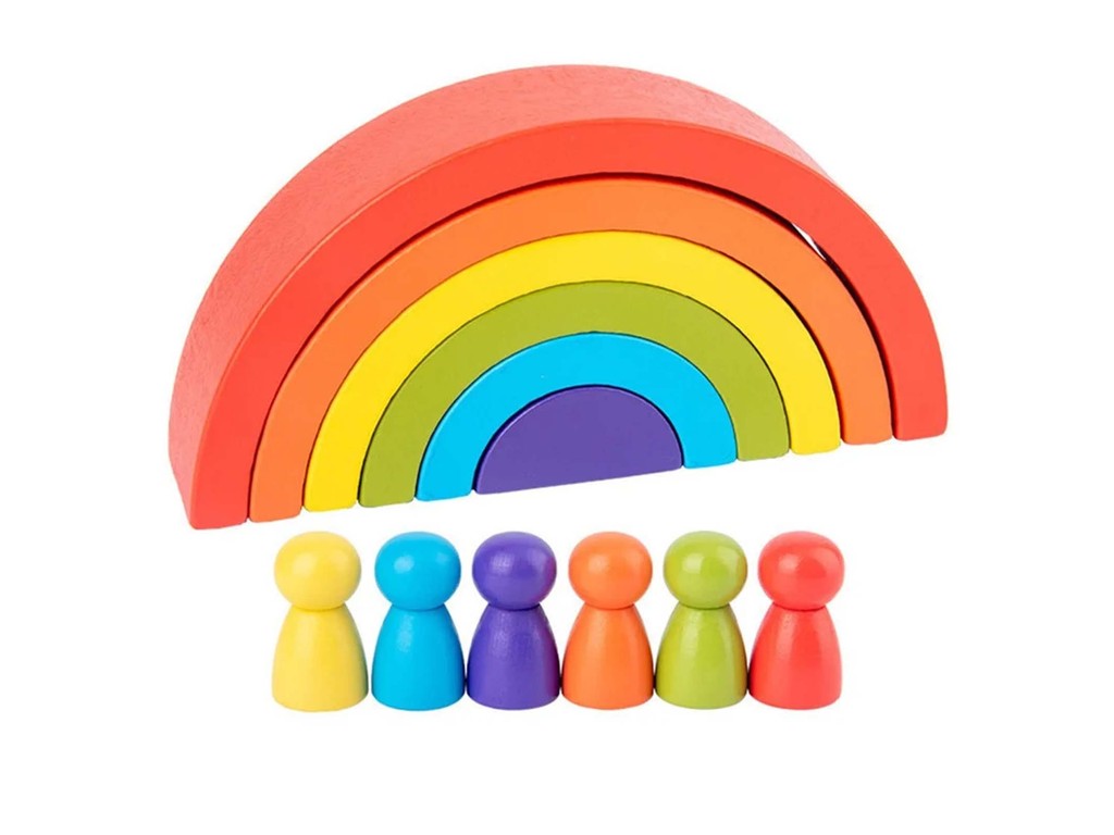 Set Curcubeu montessori din lemn cu 6 semicercuri și 6 pitici colorați, Multicolor