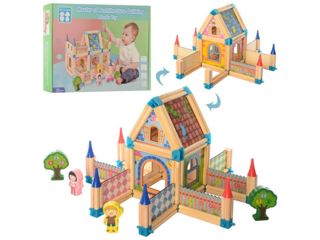 Set de construcție din lemn, Micul Arhitect, 128 piese, Beilaluna Toys