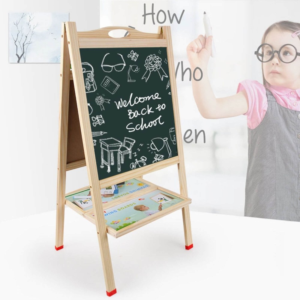 Tablă Magnetică din Lemn, cu 2 Fețe, 80 cm, Ceas, Abac pentru Scris cu Cretă și Marker 2