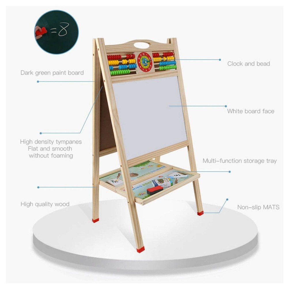 Tablă Magnetică din Lemn, cu 2 Fețe, 80 cm, Ceas, Abac pentru Scris cu Cretă și Marker 8