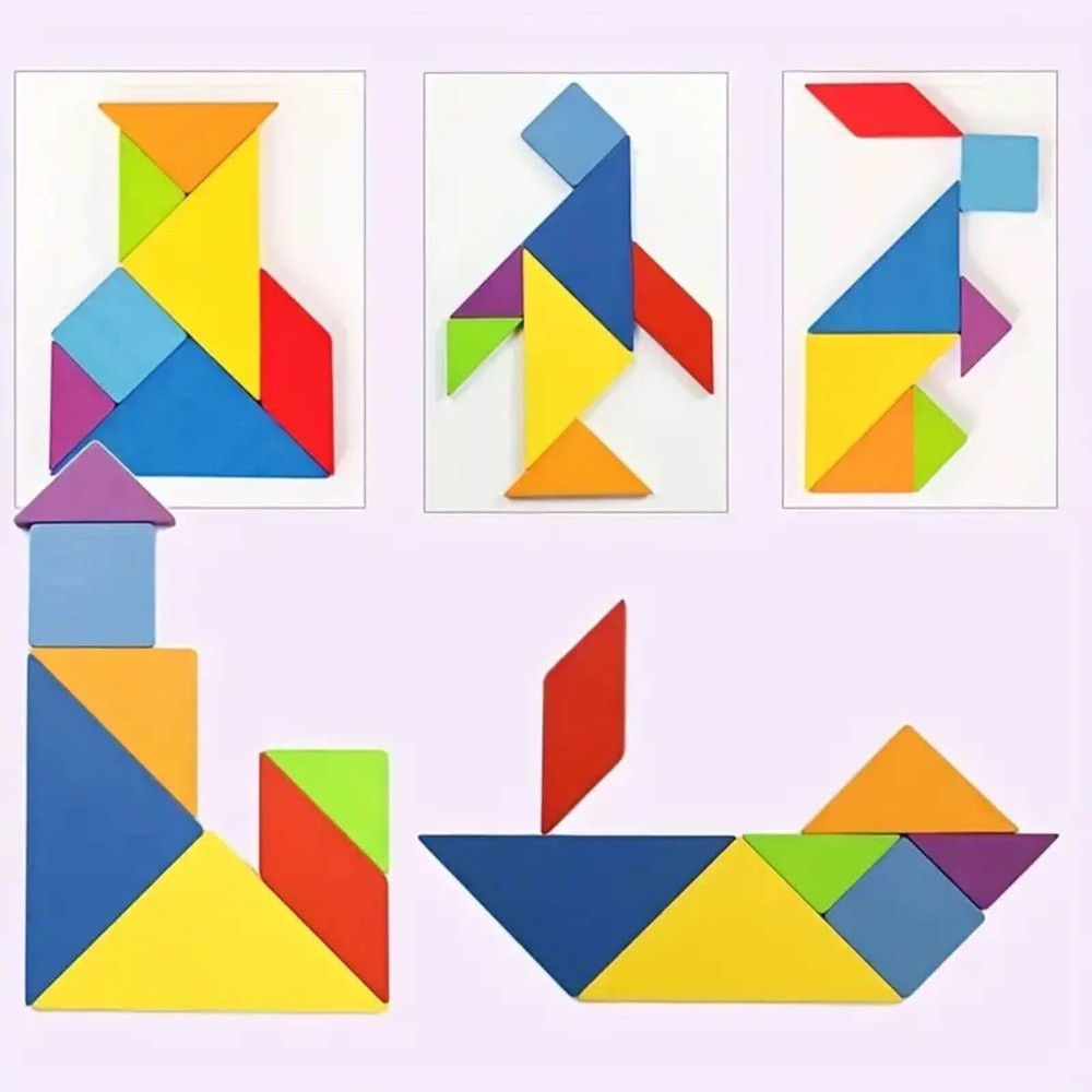 Tangram 7 piese din lemn în cutie metalică, 60 carduri cu 120 figuri și forme, 17 x 12 x 3 cm 10