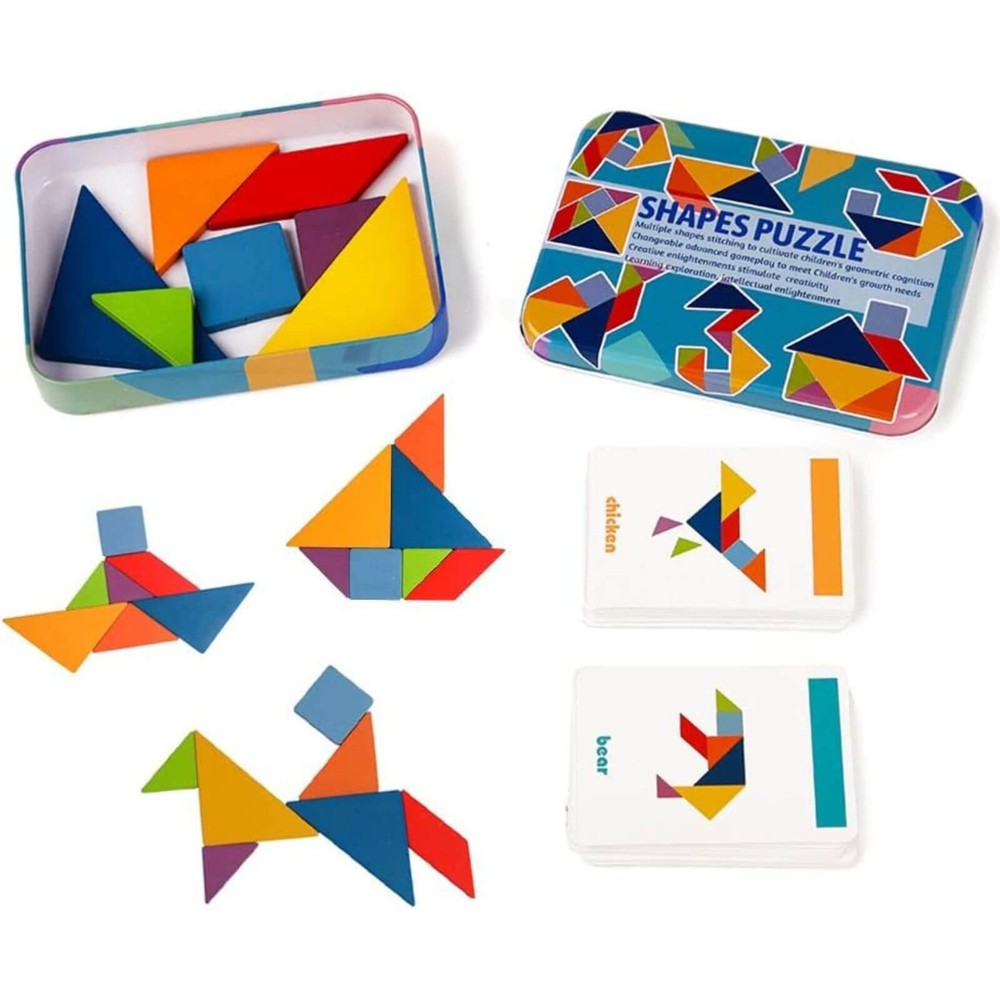 Tangram 7 piese din lemn în cutie metalică, 60 carduri cu 120 figuri și forme, 17 x 12 x 3 cm 2