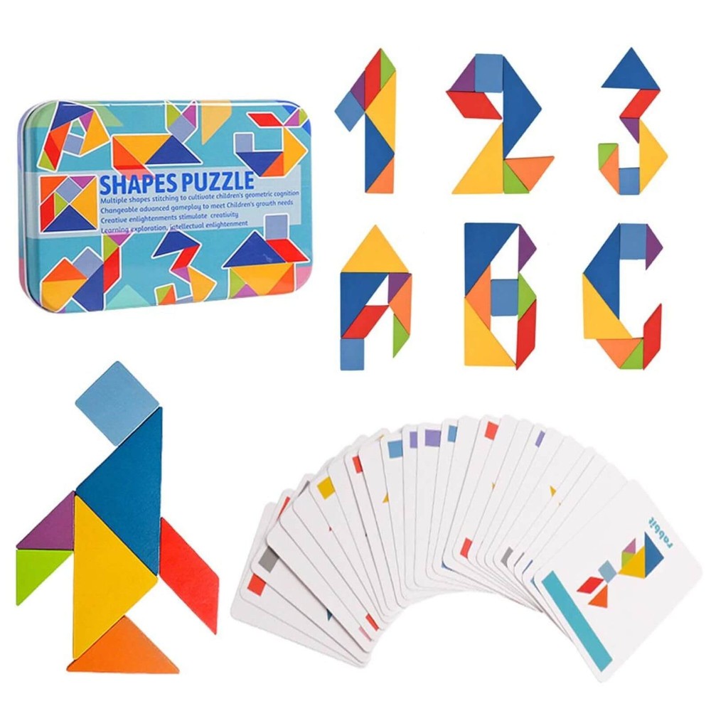 Tangram 7 piese din lemn în cutie metalică, 60 carduri cu 120 figuri și forme, 17 x 12 x 3 cm 3