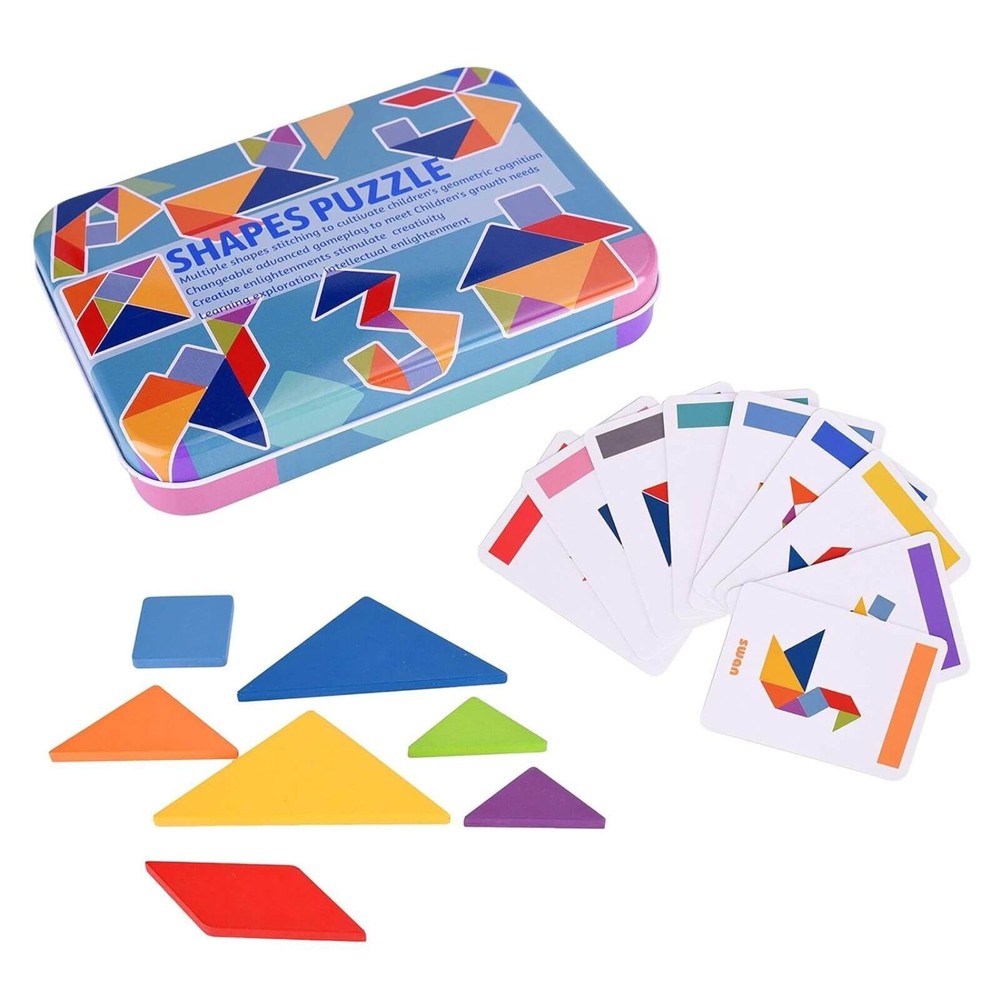 Tangram 7 piese din lemn în cutie metalică, 60 carduri cu 120 figuri și forme, 17 x 12 x 3 cm 4