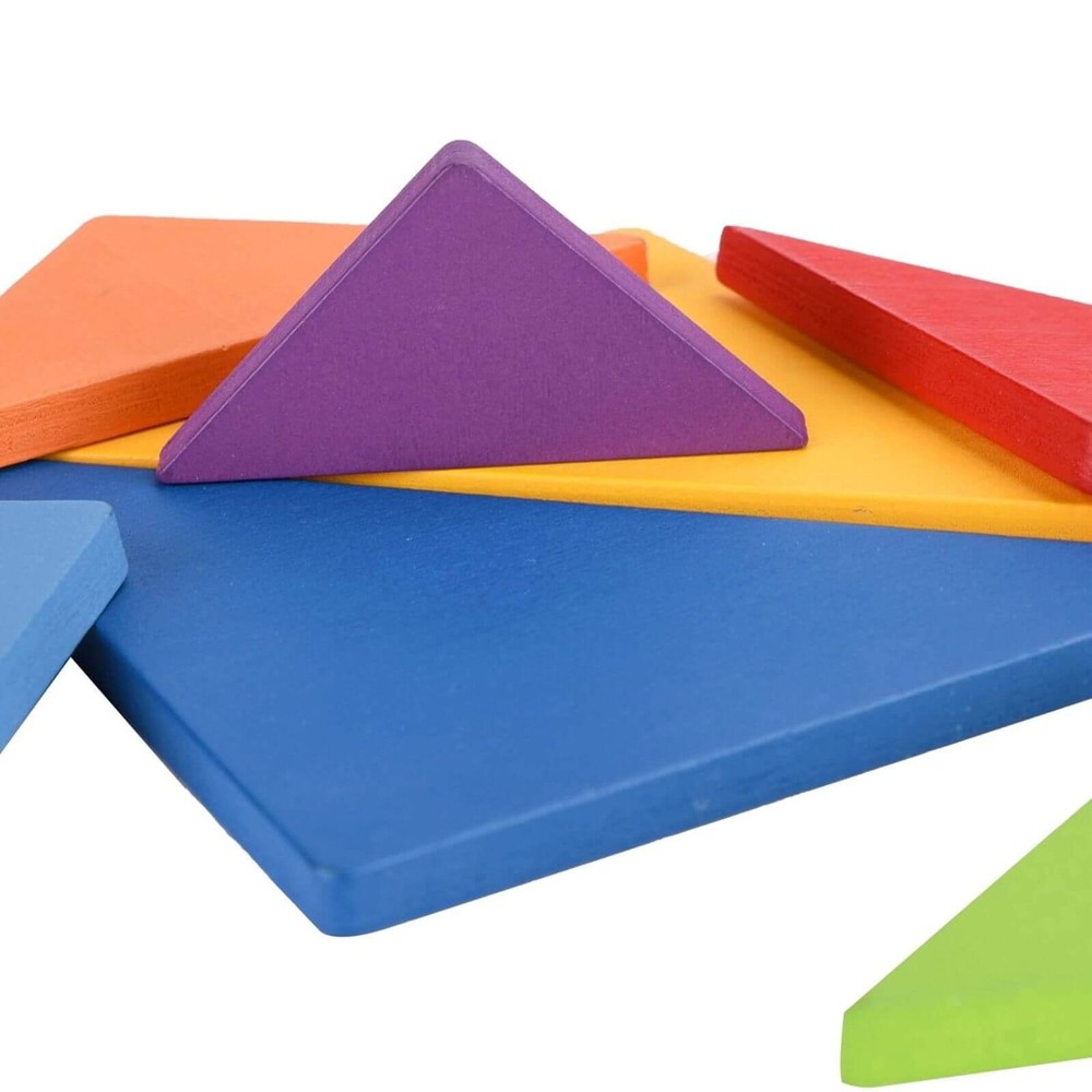 Tangram 7 piese din lemn în cutie metalică, 60 carduri cu 120 figuri și forme, 17 x 12 x 3 cm 5