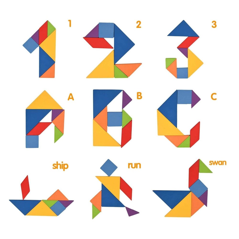 Tangram 7 piese din lemn în cutie metalică, 60 carduri cu 120 figuri și forme, 17 x 12 x 3 cm 6