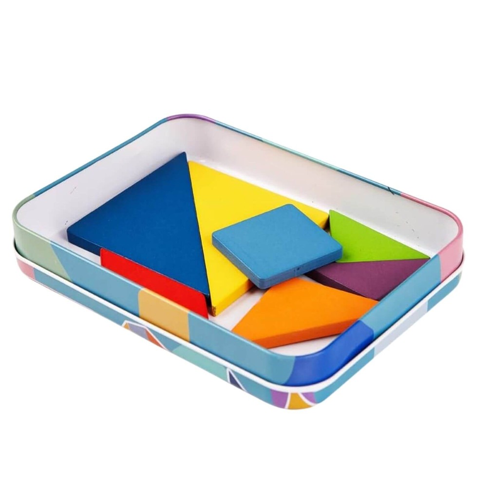 Tangram 7 piese din lemn în cutie metalică, 60 carduri cu 120 figuri și forme, 17 x 12 x 3 cm 7
