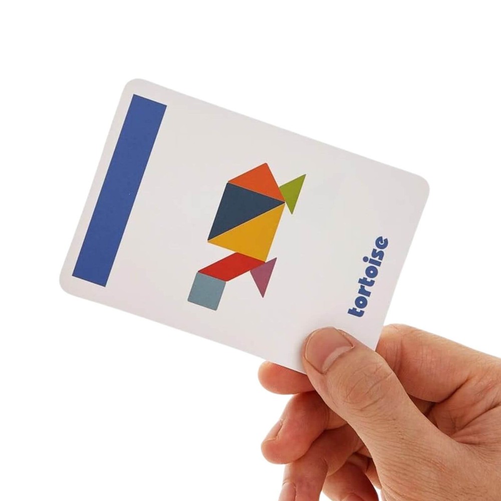 Tangram 7 piese din lemn în cutie metalică, 60 carduri cu 120 figuri și forme, 17 x 12 x 3 cm 8