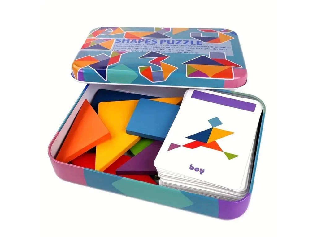 Tangram 7 piese din lemn în cutie metalică, 60 carduri cu 120 figuri și forme, 17 x 12 x 3 cm