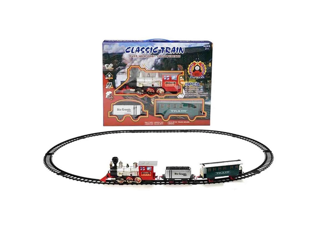Trenulet Electric copii, cu aburi, sunete și lumini, Circuit 13 piese Classic