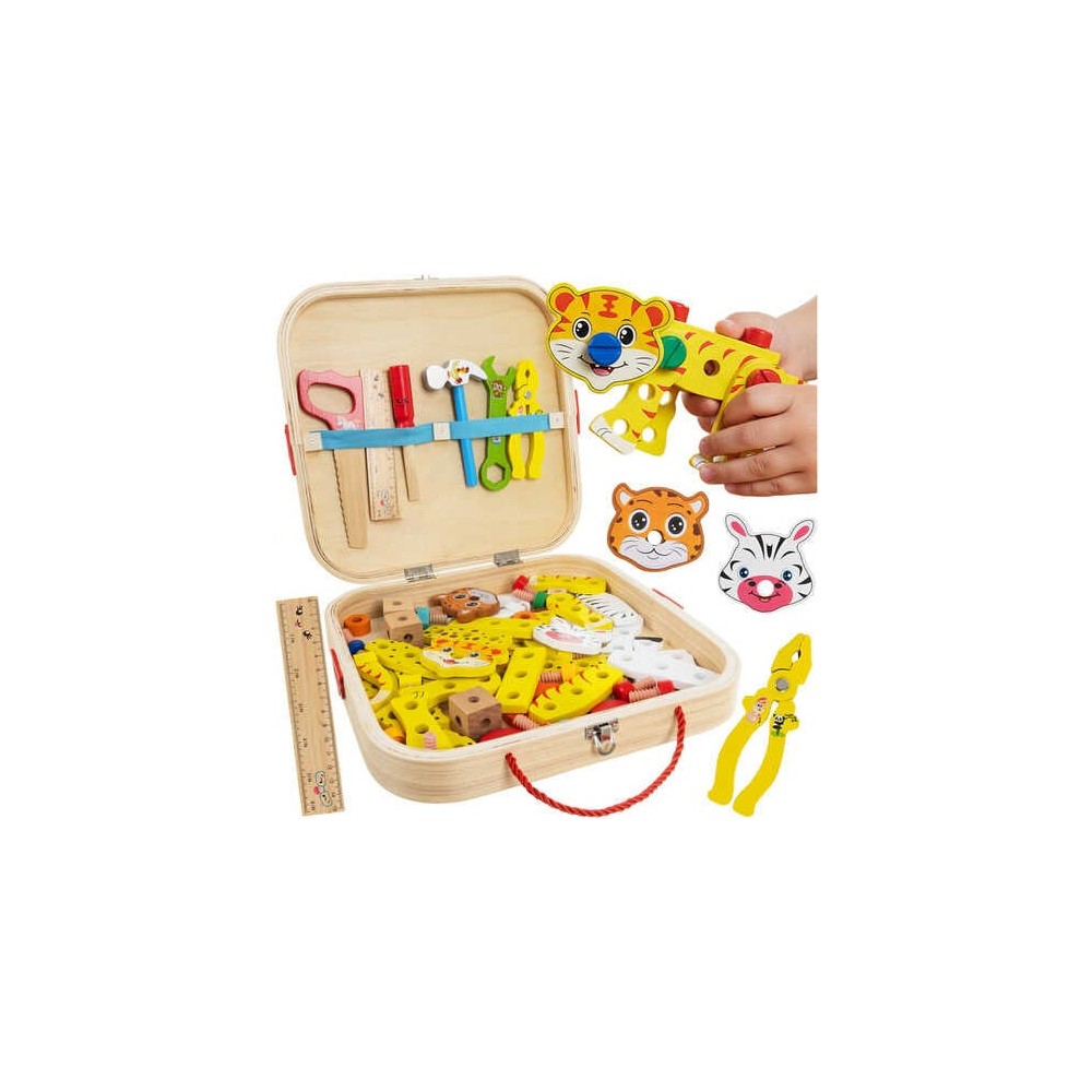 Trusă de scule pentru copii, construcție animale, kit unelte, lemn, multicolor, cutie 31 x 32 x 6 cm 2