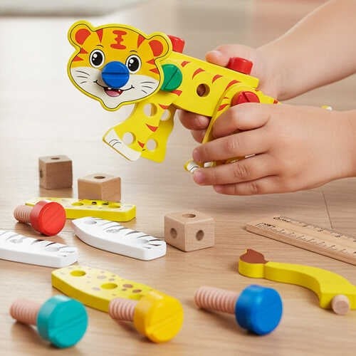 Trusă de scule pentru copii, construcție animale, kit unelte, lemn, multicolor, cutie 31 x 32 x 6 cm 4