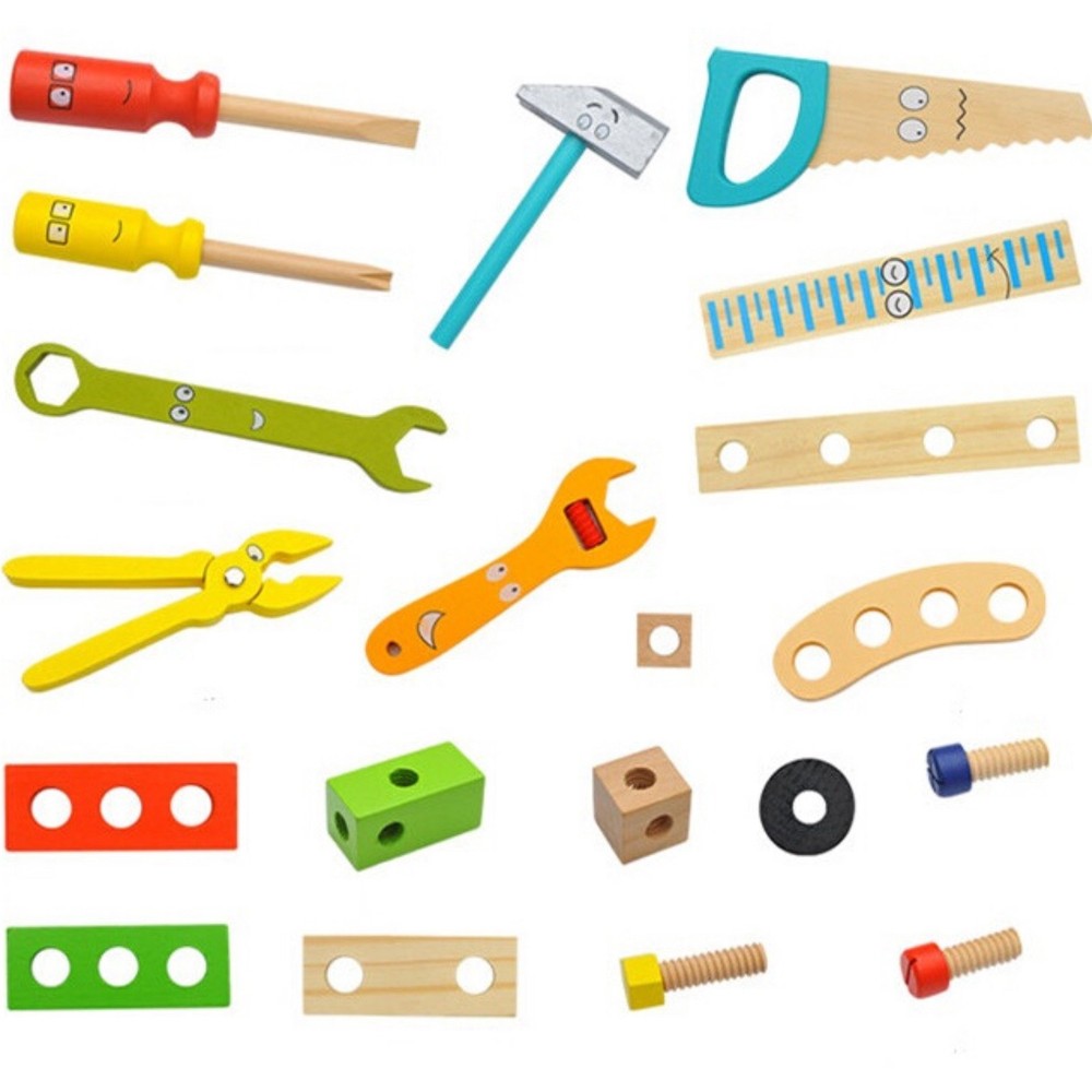 Trusă unelte din lemn pentru copii, banc de lucru cu scule, șurubelniță, patent, cheie 3