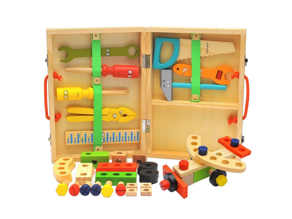 Trusă unelte din lemn pentru copii, banc de lucru cu scule, șurubelniță, patent, cheie