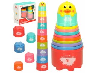 Turn din Căni pentru Baie, 11 Piese Colorate, Vârf Rățușcă, Jucărie Educativă pentru Apă, 18 luni+