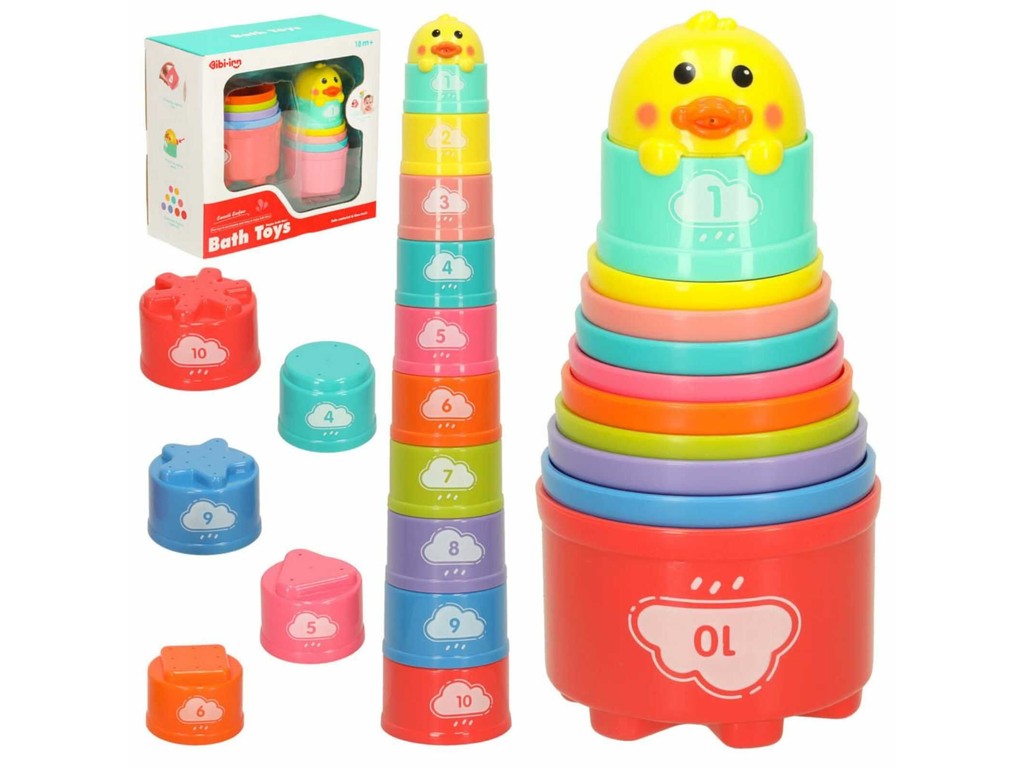 Turn din Căni pentru Baie, 11 Piese Colorate, Vârf Rățușcă, Jucărie Educativă pentru Apă, 18 luni+