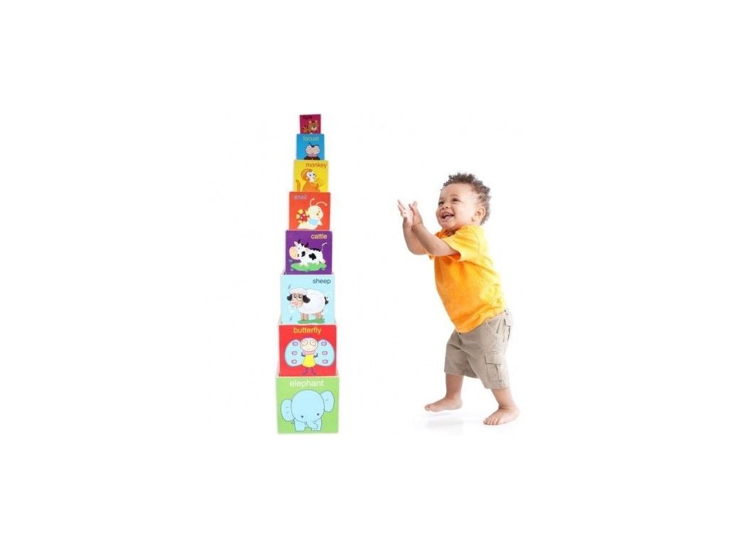 Turn Montessori din lemn 8 cuburi cu cifre, forme și animale